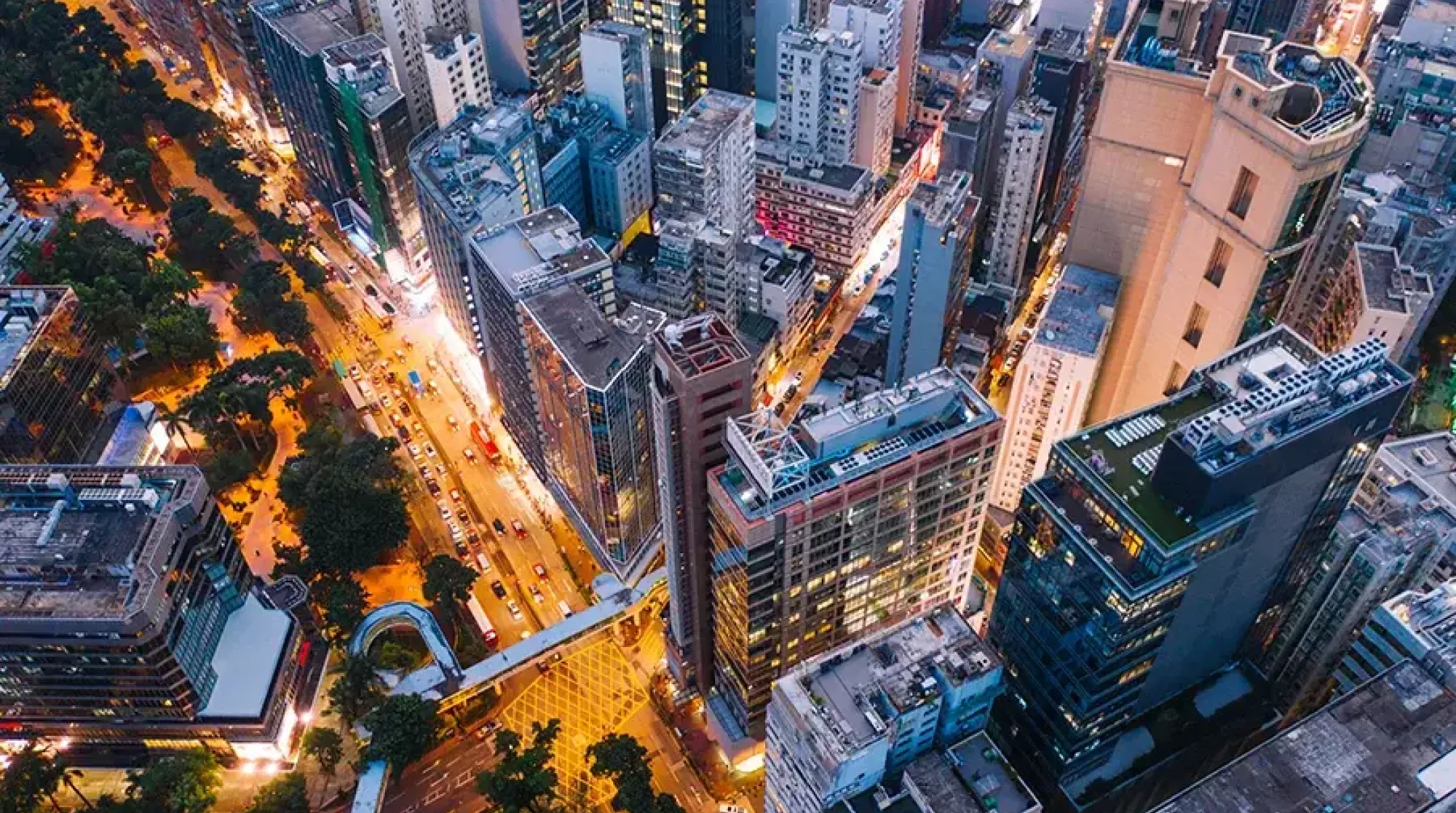 Nighttime aerial top view of urban cityscape